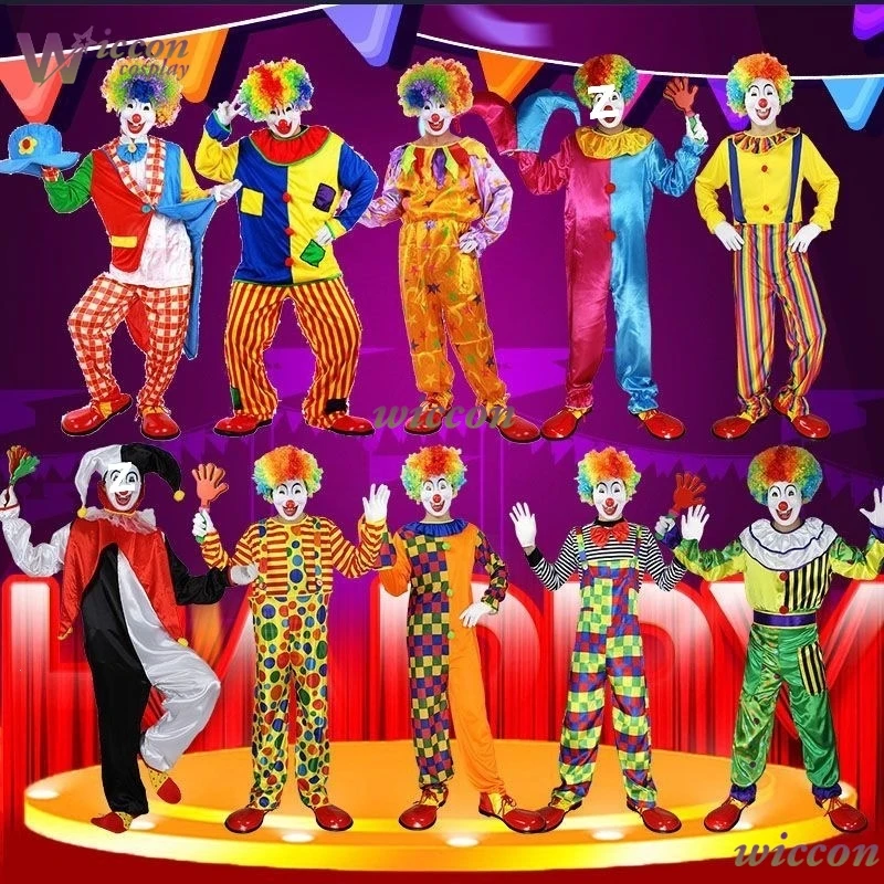 Halloween Adult Rainbow Clown Cosplay Jumpsuits Featuring Bright Colorful Pattern Funny Clown Costume Set for Height 165-180cm