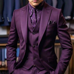 Formal Purple Men Suits 3 Piece Jacket Pants Vest Slim Fit Full Sets High Quality Wedding Groomsmen Male Clothing Terno Blazer