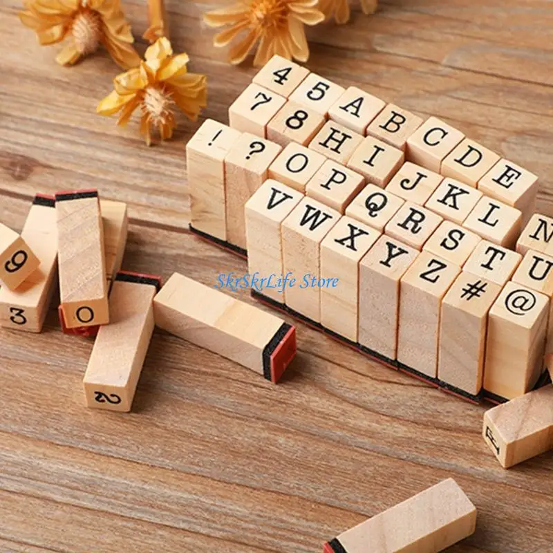 E65E 40Pcs Wooden Alphabets Number Symbol Stamps Letter Number Stamp Set With Inks Pad For Office School Handcraft Crafting