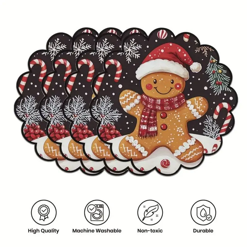 VIKAMA Cute Gingerbread Man Christmas Mat Holiday Round Insulated Table Mat Wear resistant Plate Mat Home Table Decoration Mat