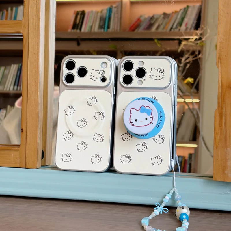 

Cute Cartoon Sanrio White Avatar Hello Kitty Magnetic Phone Case for IPhone 17 16 15 14 Pro Max with Bracket Lanyard