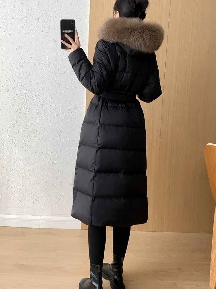 Puffer Coats with Big Fur Collar for Women, Luxury Long Hooded Jacket with Belt, Thickened Windproof Coats, New, 2024