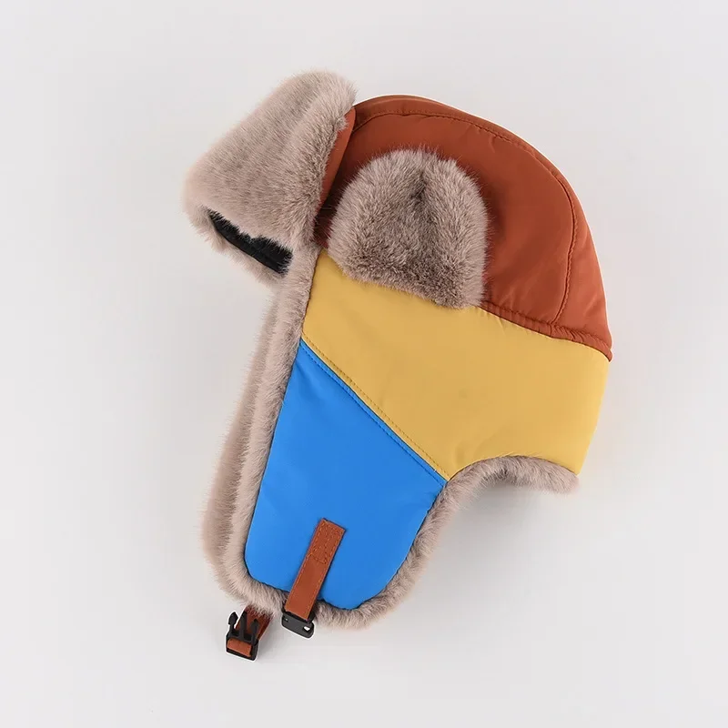 Fashion Russian Fur Hat for Women Men Winter Bomber Trooper Hat Earflap Skiing Caps Aviator Ushanka Bright Tricolor Patchwork