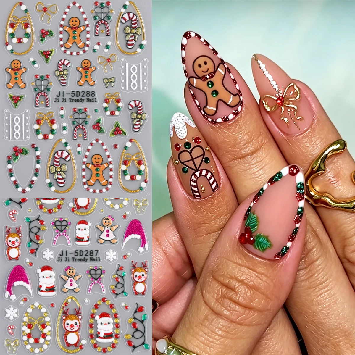 5D Embossed Christmas Nail Stickers Gingerbread Man Santa Holly Berry Snowflake Bow Nail Decals Winter Holiday Manicure Decor