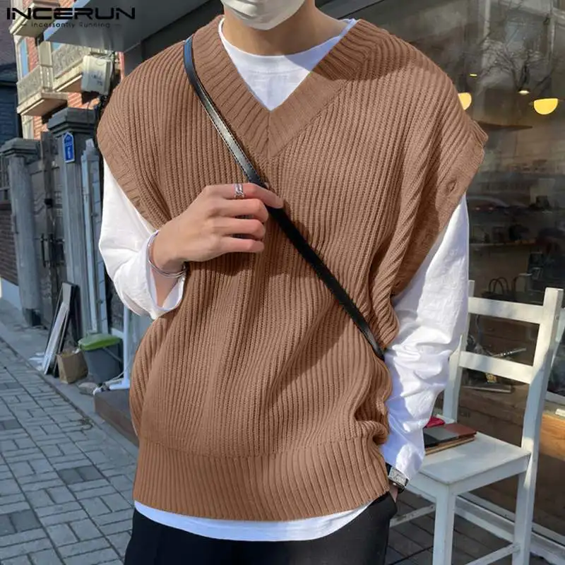 

INCERUN Tops 2024 Korean Style New Mens Striped V-neck Detachable Sleeve Design Pullover Casual Solid Long Sleeved Sweater S-5XL