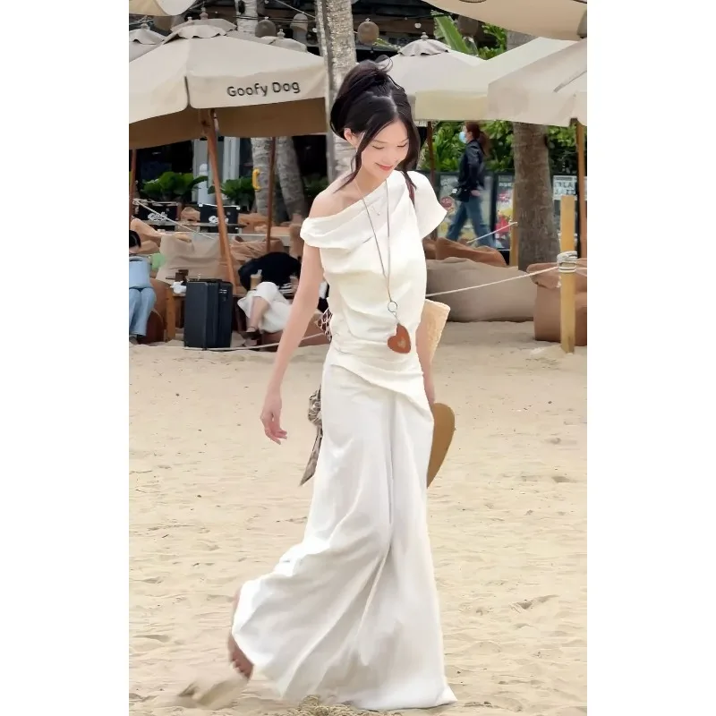 

Womens Romantic Beach Outfit Off Shoulder Top High Waist Satin Maxi Skirt Two Piece Set For Vacation Daily Wear