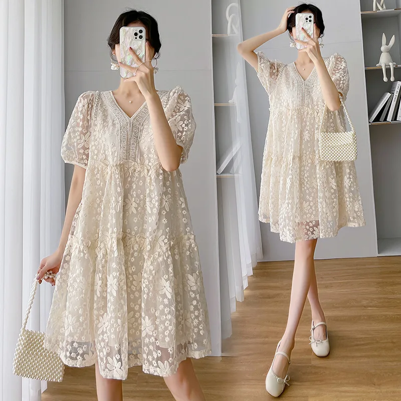 

Maternity Summer Dress New Fashion Embroidered Lace Short Sleeve Dress Loose Casual Sweet Elegant Maternity Clothing Dress