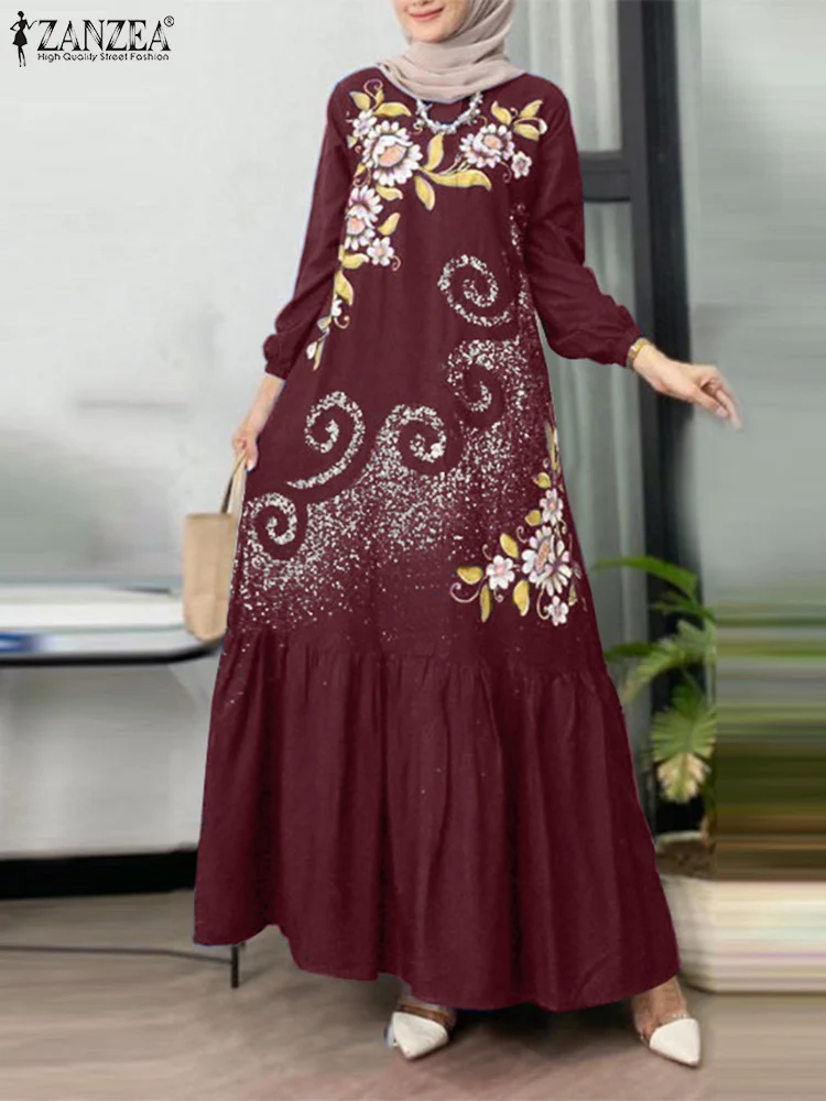 

ZANZEA Long Sleeve Casual Long Dresses Elegant Loose O Neck Floral Print A-line Vestidos Muslim Women Islamic Hijab Robes Abaya