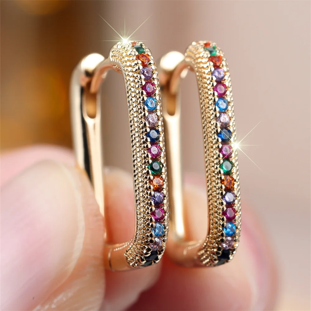 Single Row Small Round Stone Rainbow Hoop Earrings For Women Vintage Gold Silver Color Ear Buckle Wedding Jewelry Valentine Gift