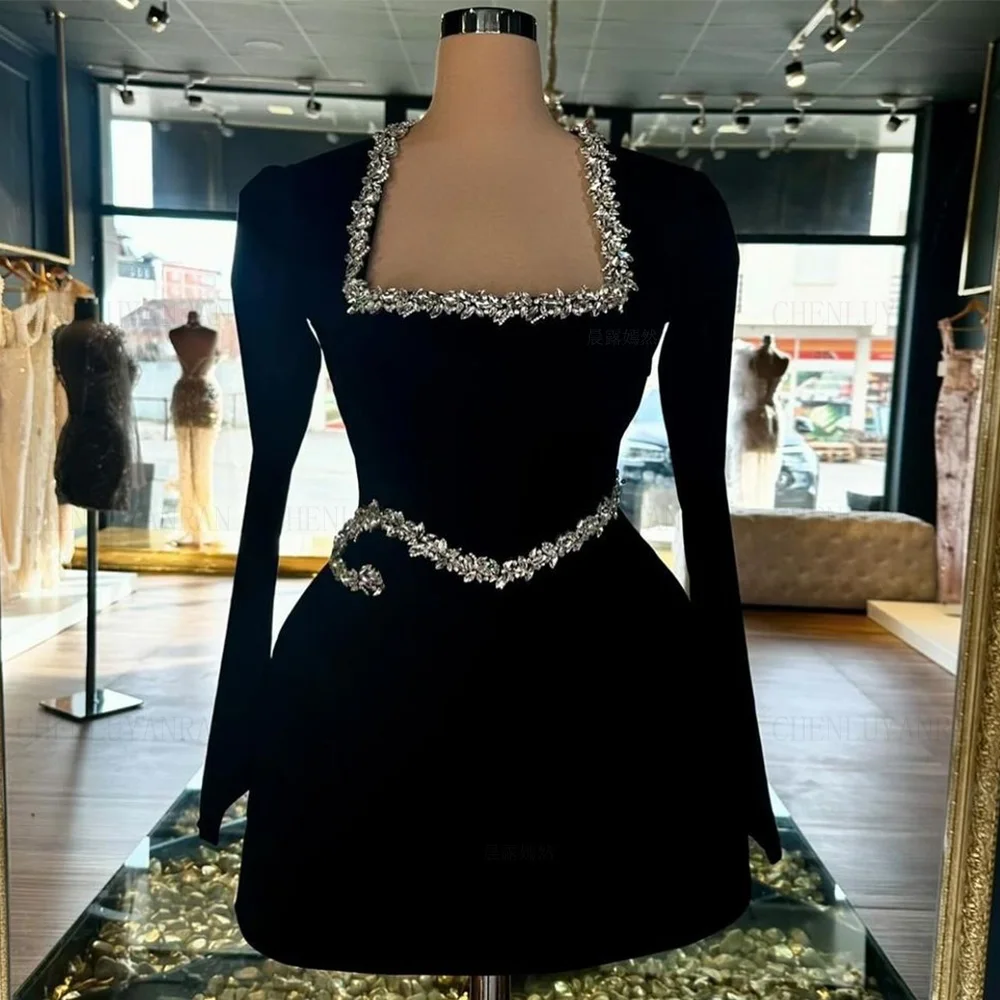 Customized Velour Black Formal Occasion Dresses Beading Long Sleeves Dress Elegant Sexy Evening Gowns فساتين مناسبة رسمية