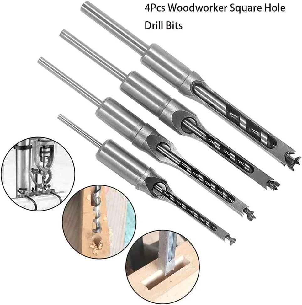 

4Pcs Twist Drill Bits 6.4/8/9.5/10/12.7mm Square Hole Mortise Chisel Drill Bit Tools for Carving DIY Furniture