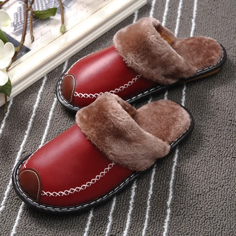 Waterproof Leather Slippers Men Cotton Shoes Home Slippers Soft Bottom Footwear Non-Slip Indoor Warm Plush Winter Women Slippers