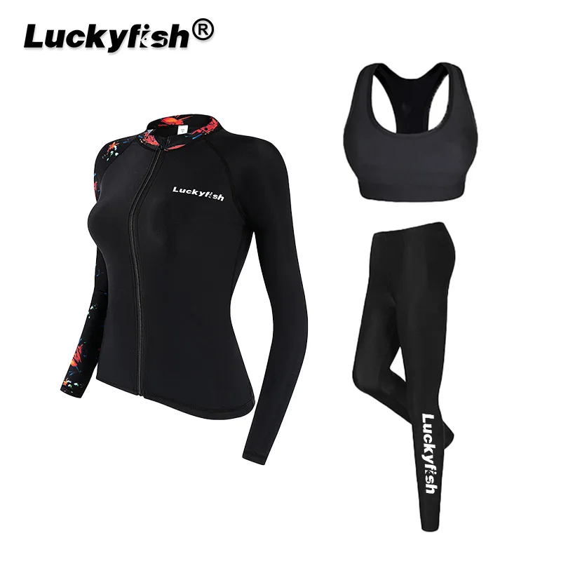 Donna UPF50 + Manica lunga Cerniera frontale Sport acquatici all'aperto Spiaggia Surf Camicie da bagno Pantaloni 3 pezzi Tappetino da bagno ad asciugatura rapida Rash Guard
