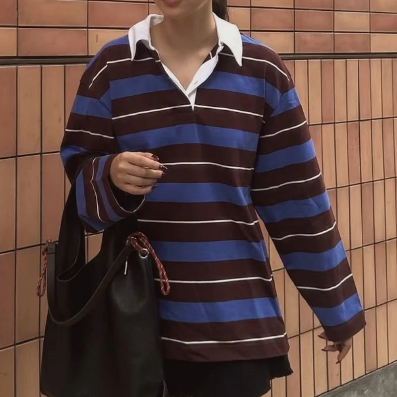 المرأة مخطط الرجبي Pol o قميص المتضخم خمر كم طويل البلوز قمم بلوزات Preppy