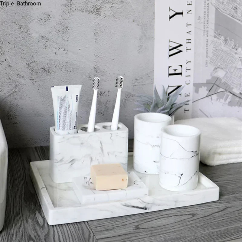 Bathroom accessories 1pcs Imitation marble patterned resin Bathroom Toothbrush Holder Soap Dispenser Set soap dish lotion bottle