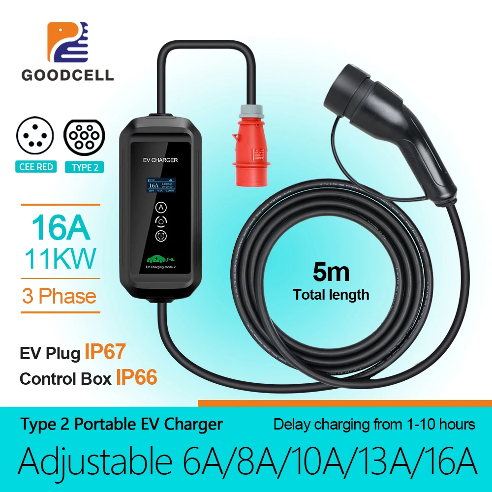 Goodcell CEE Plug IEC62196-2 Electric Vehicle Charger Wallbox 11KW 16A Three-Phase EV Portable Charger Type2 EVSE Charging Box