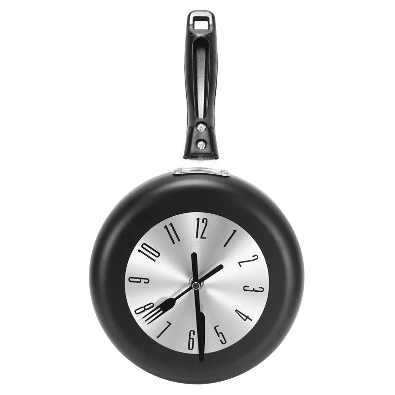 8 Inch Frying Pan Design Hanging Wall Clock Kitchen Metal Clock ,Themed Unique Wall Watch,For Home Room Decoration,Black