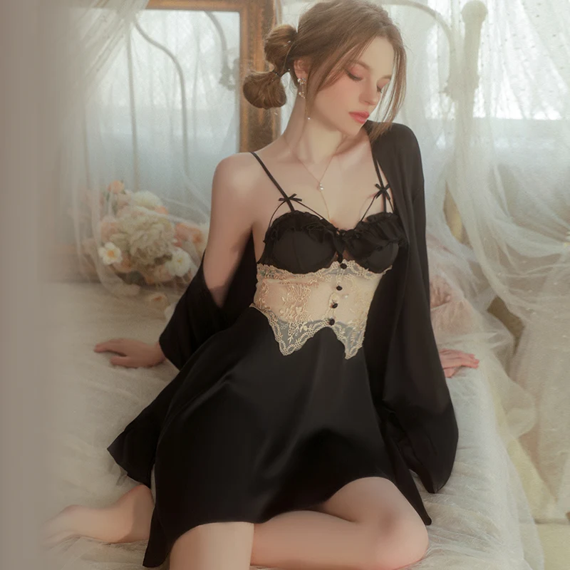 IRENE TINNIE Ice Silk Sling Sleepwear Women's Summer Evening Wear Ladies Dressing Gown Lace Satin Nightgown Sexy Bow Pajamas