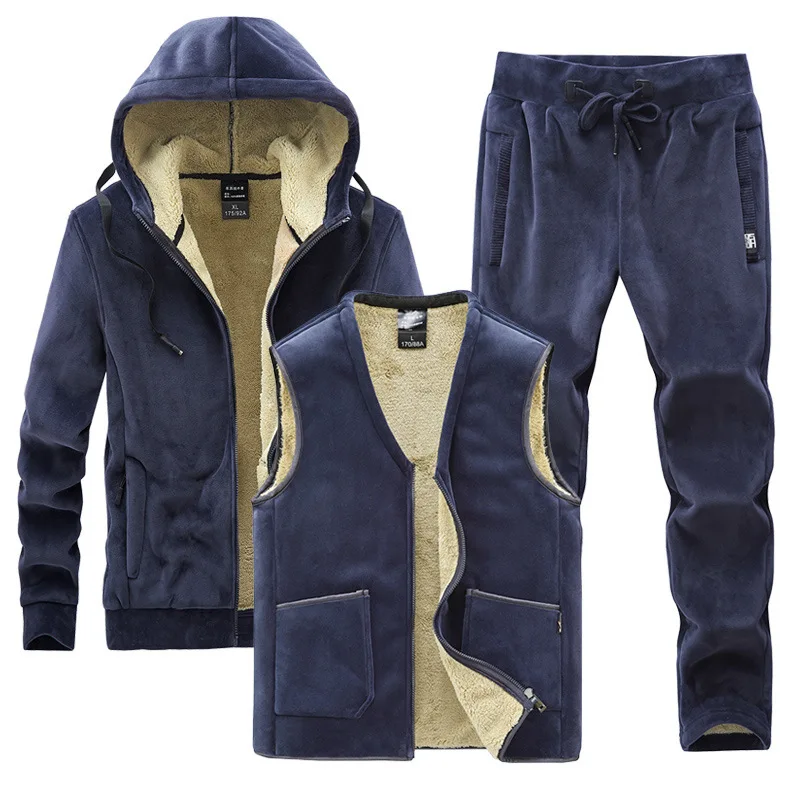 

Cashmere Men's Hoodies + vests + pants Three-pieces Sets Men Winter Plus Velvet Thick Tracksuit Casual Lamb Wool Set Men Warm