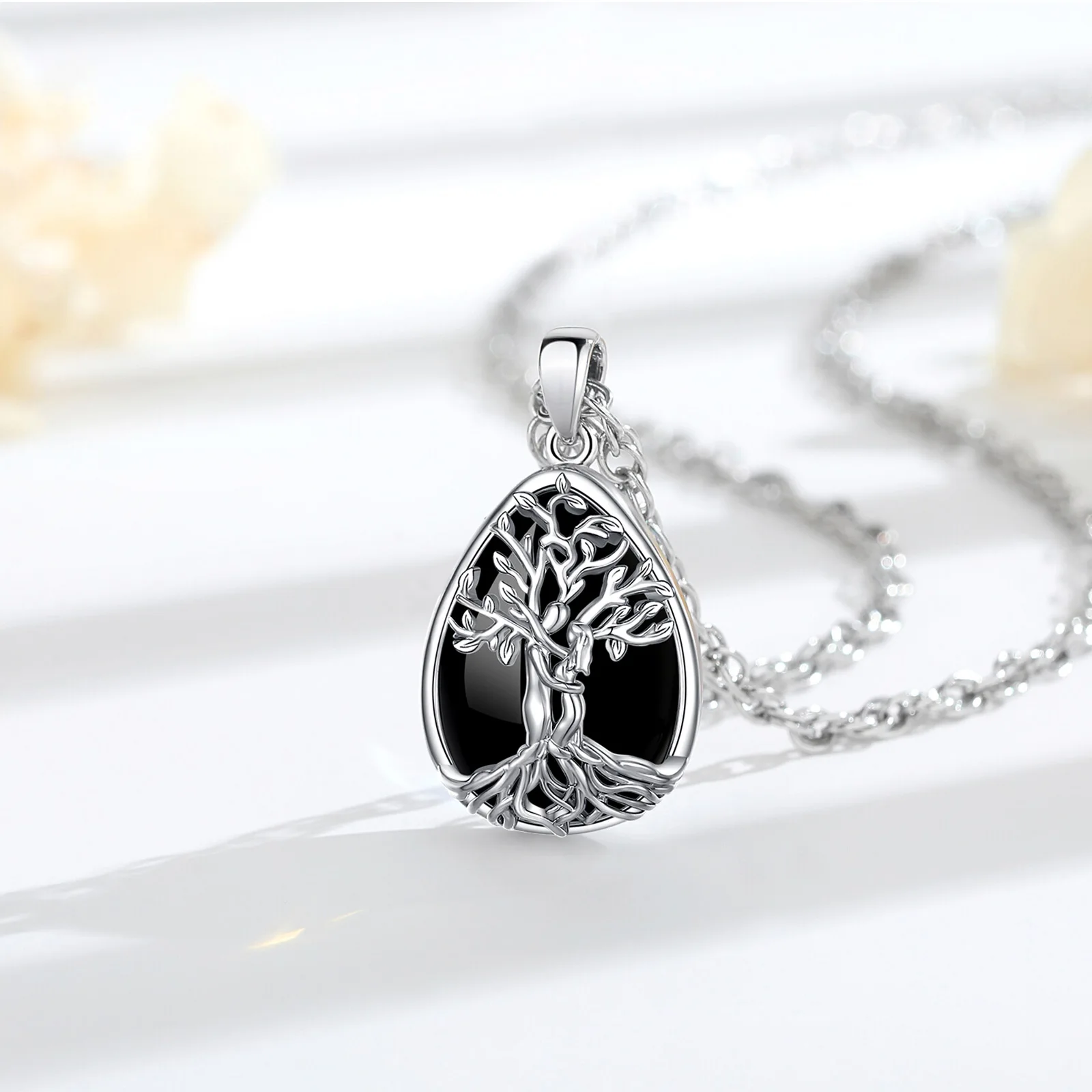 Eudora Tree of Life Couple Hug Necklace Obsidian Healing Stone Crystal Pendant Spiritual Jewelry Holiday Gift for Women Men