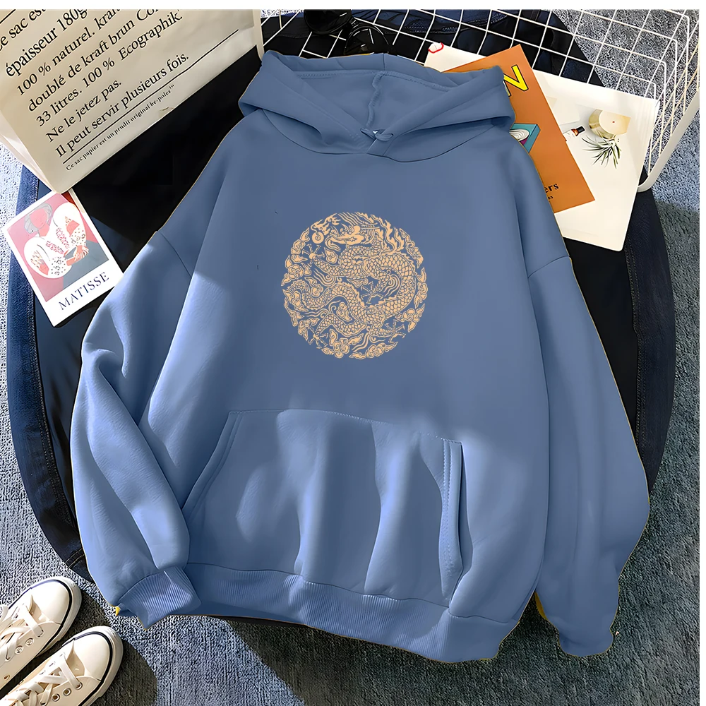 Hirsionsan High Street Dragon Print Hoodies Women Soft Oversized Sportwear Female Sweatshirt Streetwear Fleece Girls Clothes