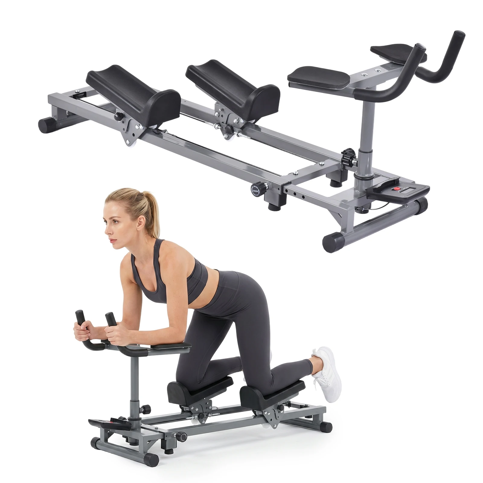 Back Stretcher and Crawling Trainer, Adjustable Height and Length with Step Counter, for Core Strengthening and Cardio Workout, Sturdy Home Gym Equipment for Office Studio Use, Anti-Slip Padded Handrails for Safe Exercise