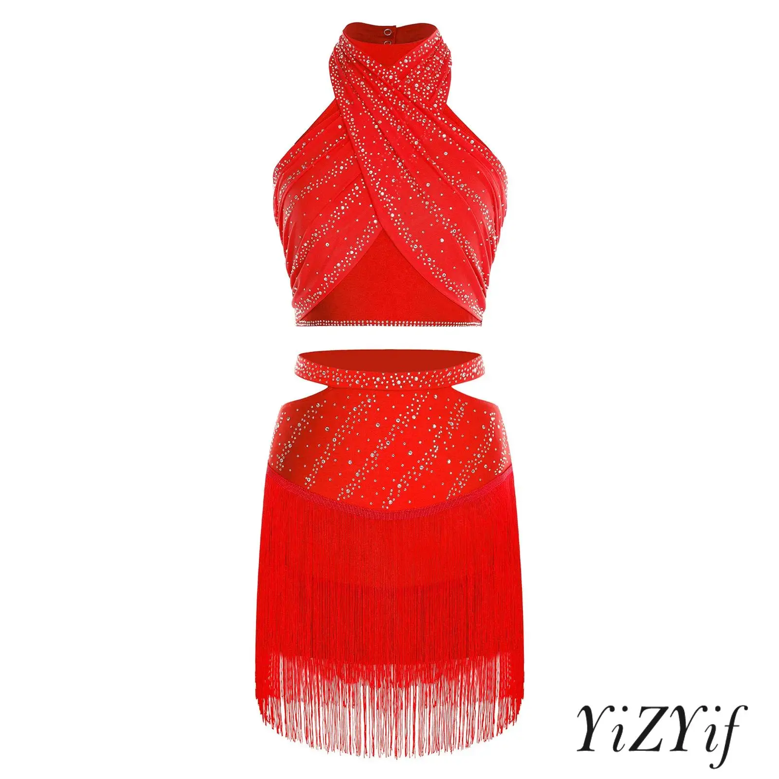 

Fierce Cha Cha Dancewear Womens Backless Crop Top with Elastic Waist Skirt Latin Ballroom Stage Performance Competition Costume