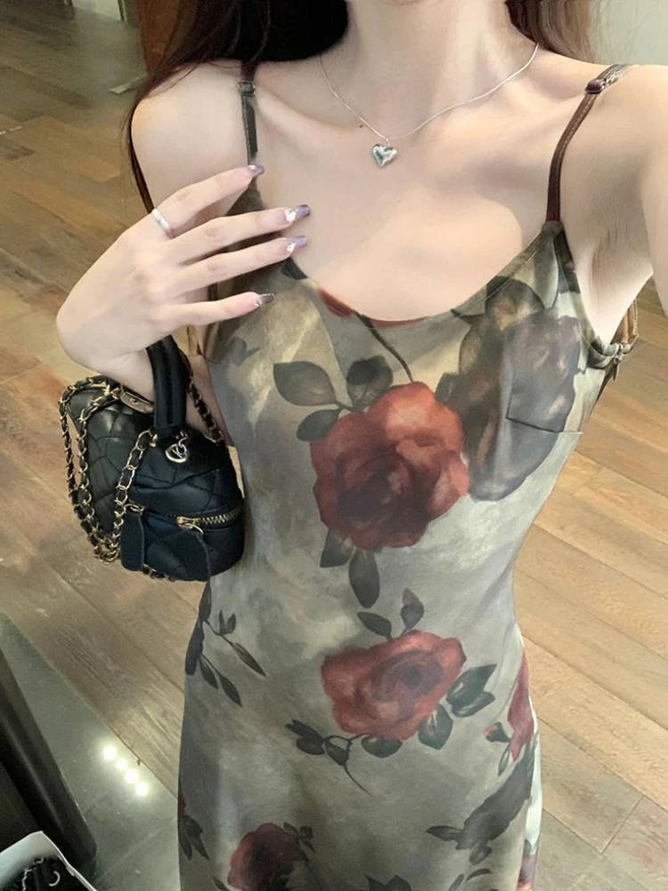 Summer Dress Women Floral Sleeveless Graceful Spaghetti Strap Ankle-length Loose Vintage Famous Lady High Street Versatile New