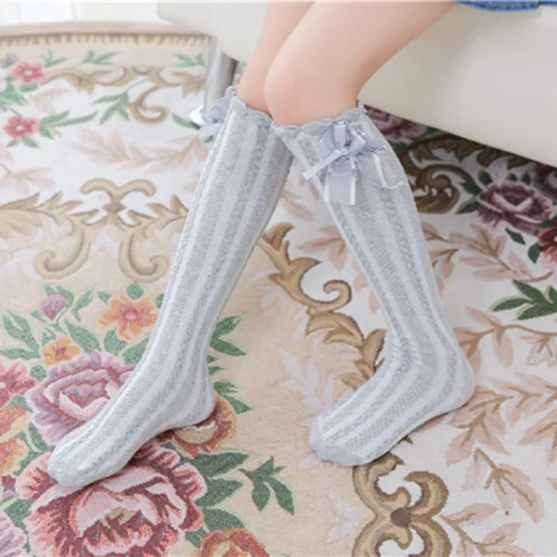 Spring Autumn Children Stockings Cute Bow Knee High Striped Kids Girls Mid Length Stockings Child Fashion Breathable Dance Socks