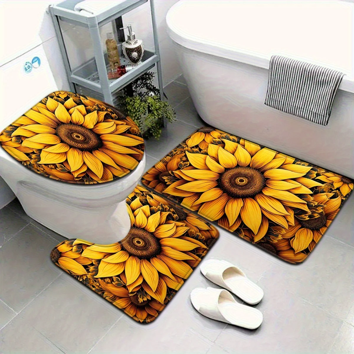 

Декор для ванной комнаты из 3 предметов с рисунком подсолнечника, чехол на сиденье унитаза, U-образный коврик, нескользящий коврик, полиэфирная ткань, можно стирать в машине