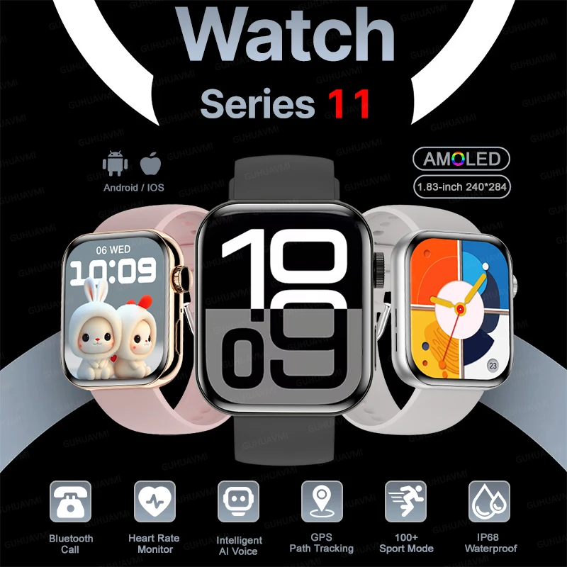

Модные умные часы для Android IOS Series 11, 1,83 дюйма, HD-экран, GPS-трек, IP68, водонепроницаемые, с пульсометром, Bluetooth-вызовом, спортивные часы