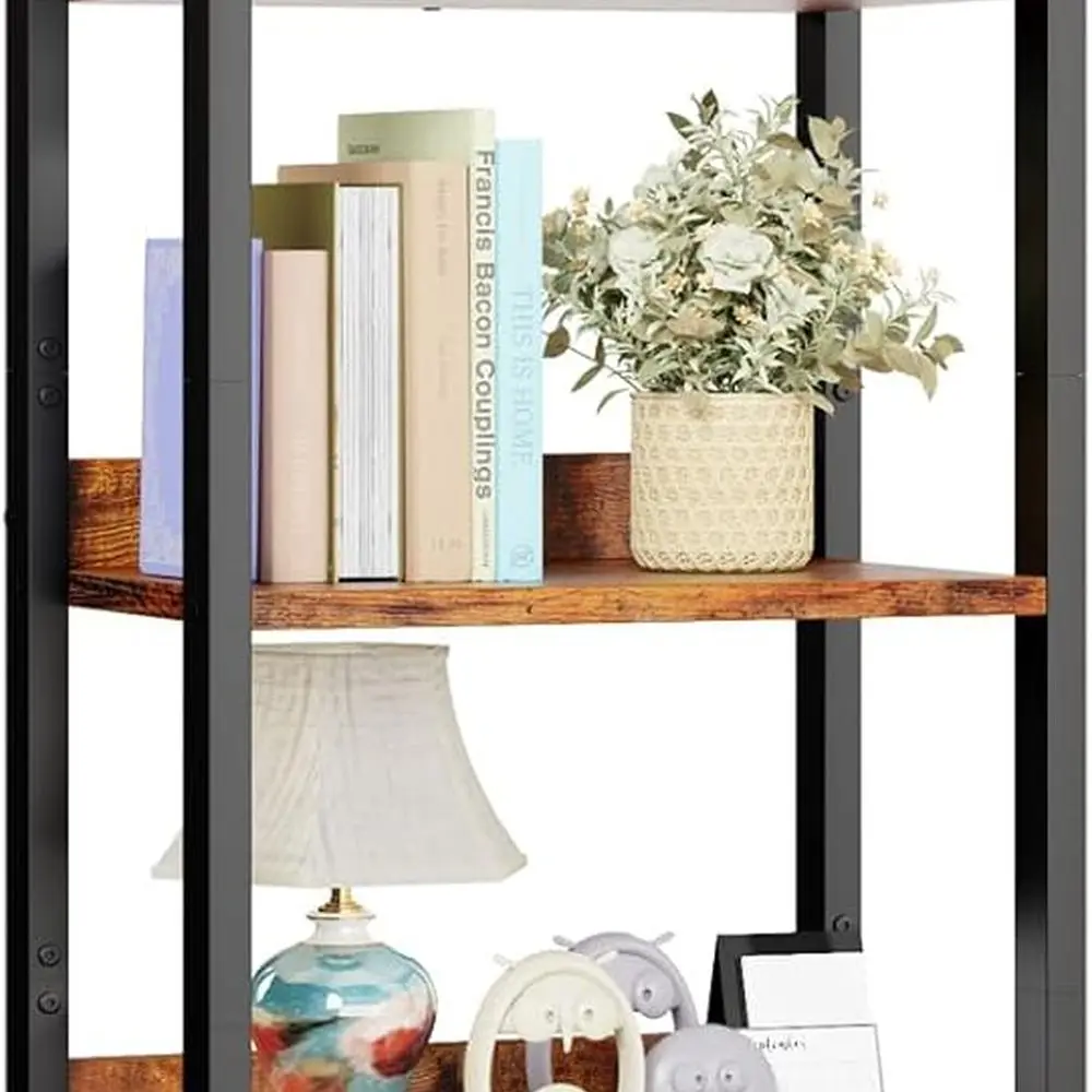 

Rustic Brown 5-Tier Tall Narrow Bookcase with Drawer, Wood and Metal Storage Organizer for Home Display