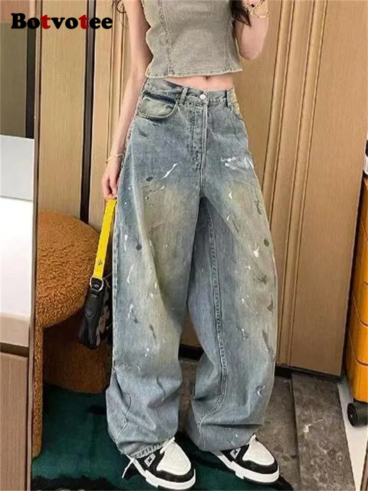 Botvotee Splatter-Paint Vintage Washed Jeans High-Waisted Baggy Graffiti Denim Pants Post-Apocalyptic Wide-Leg Drag Hem Jeans
