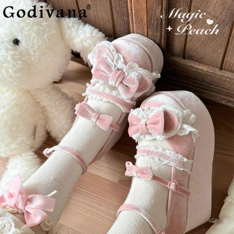 

Original Girl's Pink Platform Shoes Spring and Autumn Elegant Princess Tea Party High Heels Women's Velvet Y2k Mary Jane Shoes