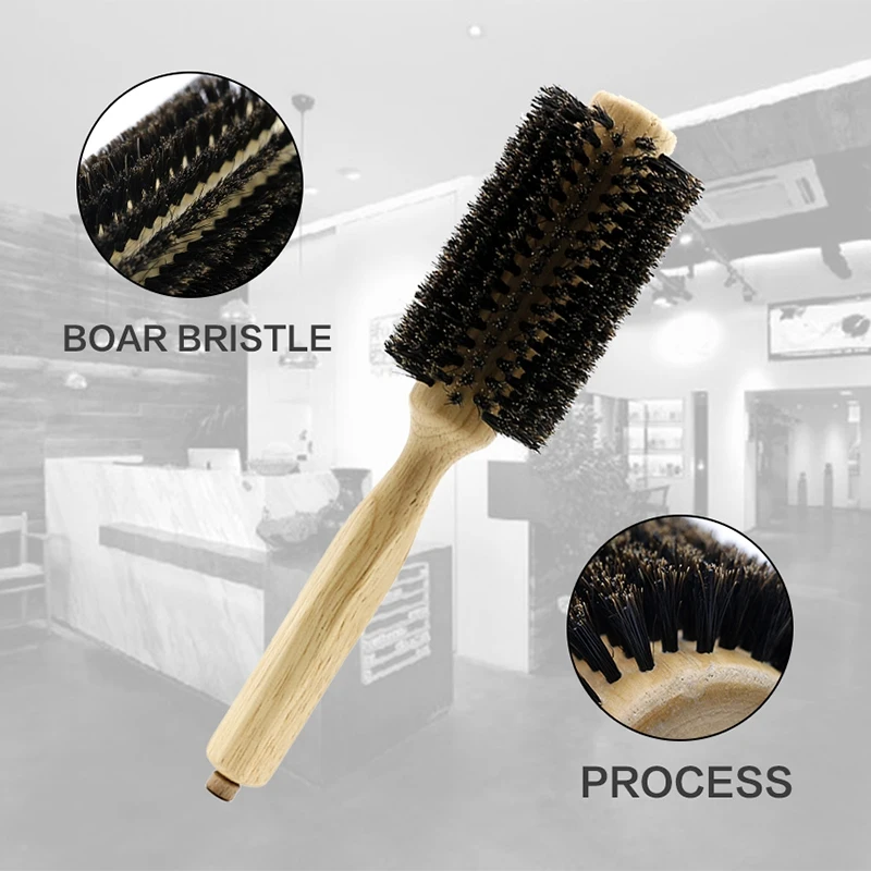 Brosse à cheveux professionnelle en poils de sanglier avec manche en bois, peigne rond pour salon de coiffure, 4 pièces