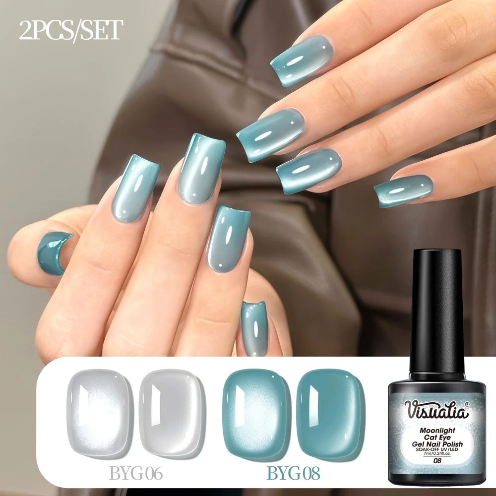 Visuatia Ice Blue Translucent Moonlight Cat Eye Nail Polish Gel 2-Piece Set, with a Transparent Jelly Texture and Soft Magnetic Luster, Creating a Clean and High-End Cat Eye Nail Design