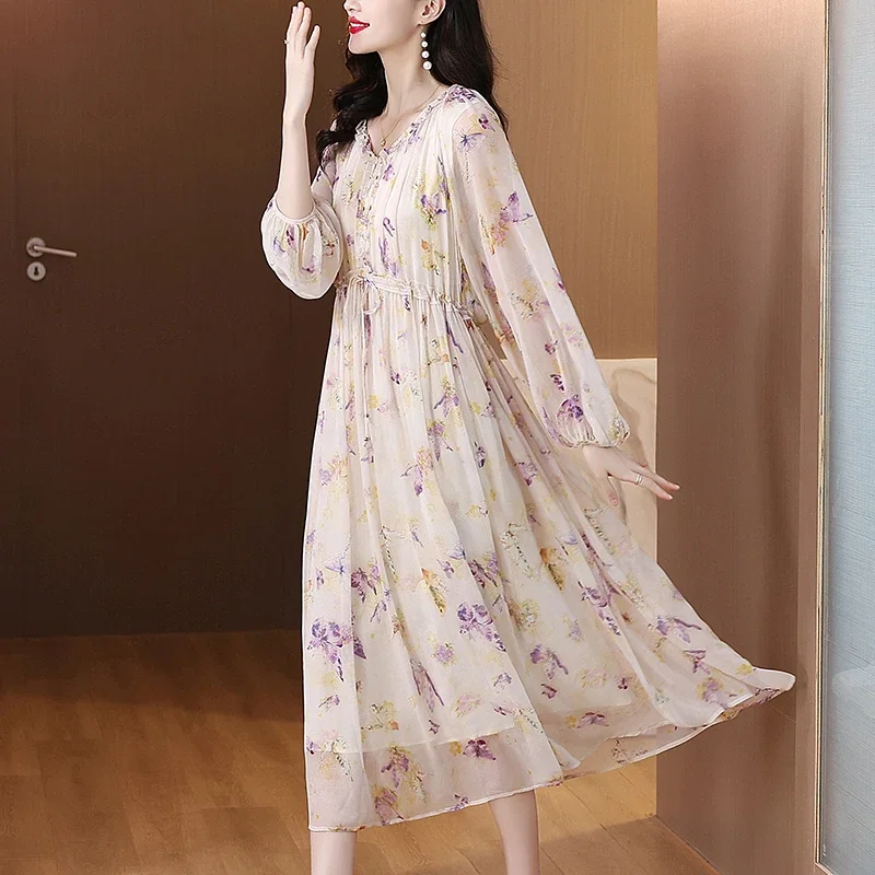 2025 Spring Luxury Silk Floral Casual Beach Maxi Dress Women's Vintage Elegant Evening Prom Summer Holiday Boho Hepburn Vestidos