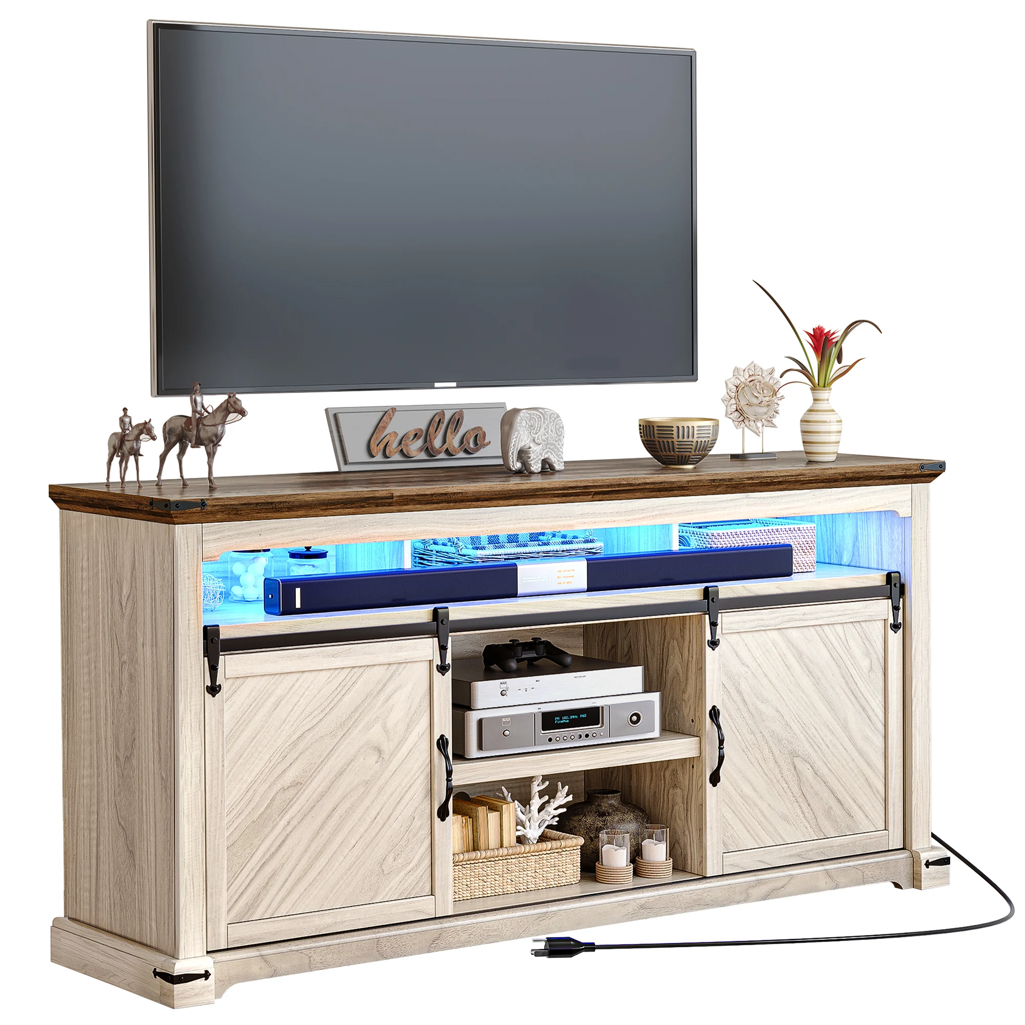 Farmhouse LED TV Stand for TVs up to 75 Inch with Power Outlets & Sliding Doors