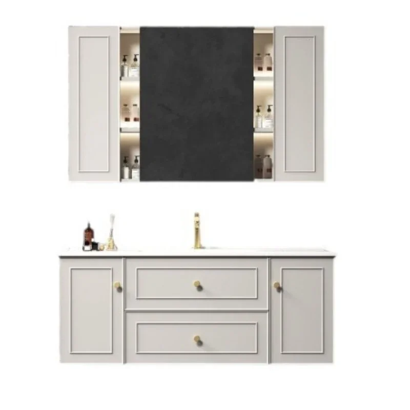 Planche de sensation de peau multicouche, meuble de salle de bain en bois massif, miroir intelligent léger, lavabo en céramique d'hôtel, poignée en acrylique, salle de bain