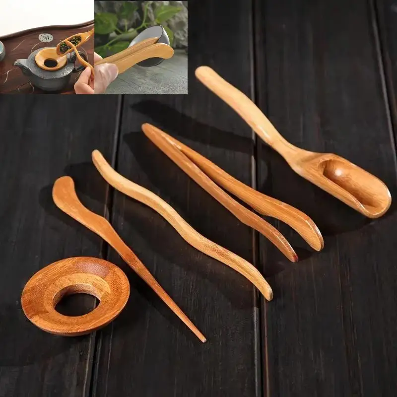 5 Pcs/set Gongfu Tea Ceremony Utensils Set Bamboo Teaspoons Tea Needle Tweezer Clips Strainer Tong Tube Teaware Ancient Art Tool
