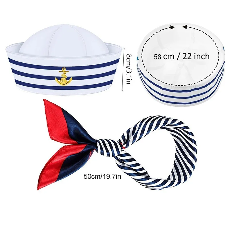 Yacht & Masquerade Essential Nautical Costume Kit – Blue Striped Sailor Hat and Bandana, Great For Themed Event Photo Decoration
