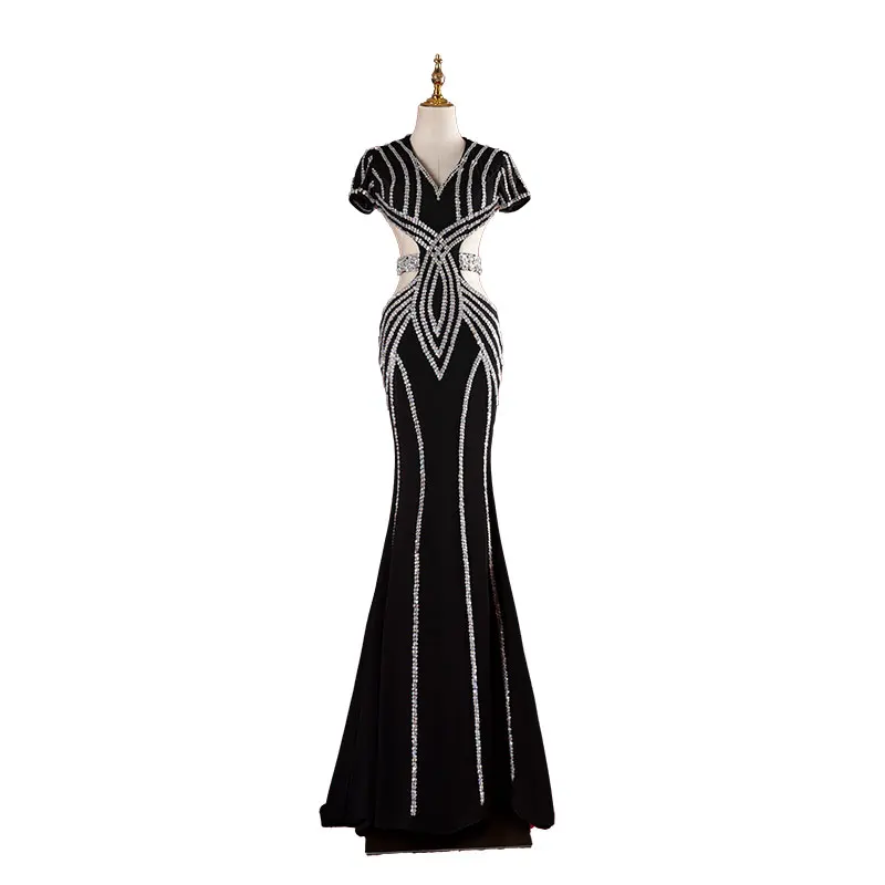 Cap Sleeve Beaded Evening Dress Women Elegant Luxury H390