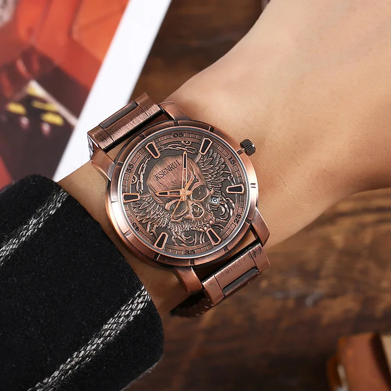 Retro Skull Watch for Men Luxury Steel Leather Strap Fashion Quartz Wristwatches Male Clock Gift Relogio Masculino Drop Shipping