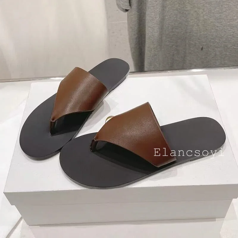 Flat Bottom Thick Soled Flip Flops Slippers Women Open Toed Genuine Leather Sandals Female Summer Outdoor Beach Vacation Shoes
