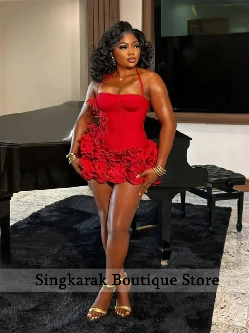 فساتين عيد ميلاد حمراء بادي فتاة سوداء رسن الرقبة فساتين حفلة موسيقية صغيرة على شكل قلب الكشكشة فستان حفلات الزفاف حسب الطلب #1