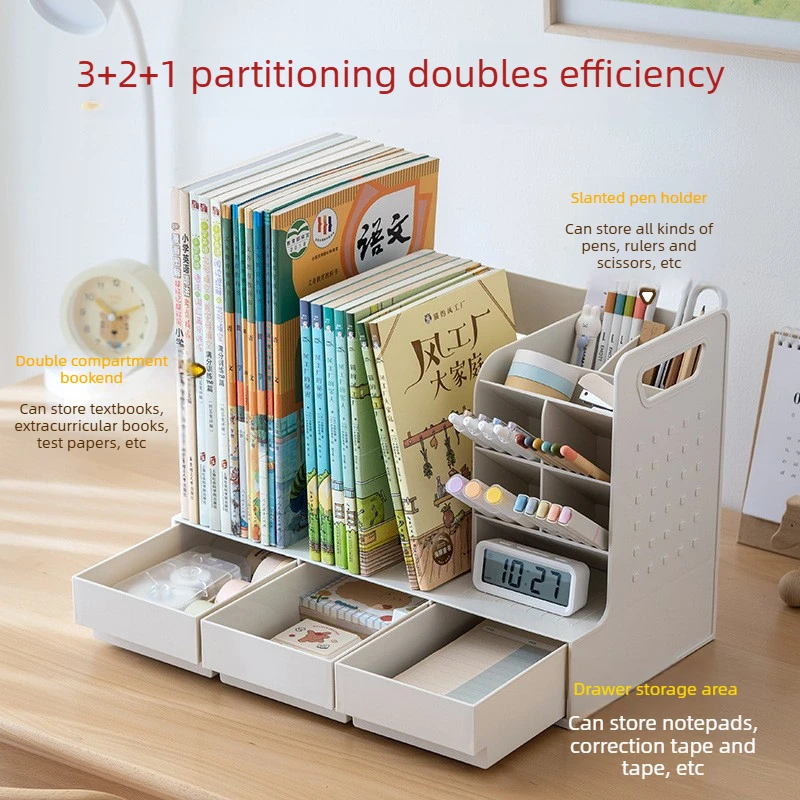 Plug-in Pen Holder Book Stationery Organizer with Drawers Bookstand Student Desk Office Home Stationery Book Storage Rack