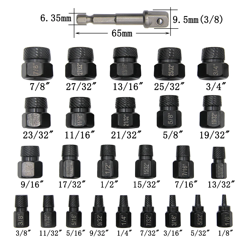 

26pcs Screw Extractor Kit Standard 3/8-inch Drive Reverse Spiral Groove Easy Bolt Extractor Kit Stripped Broken Remover Tools