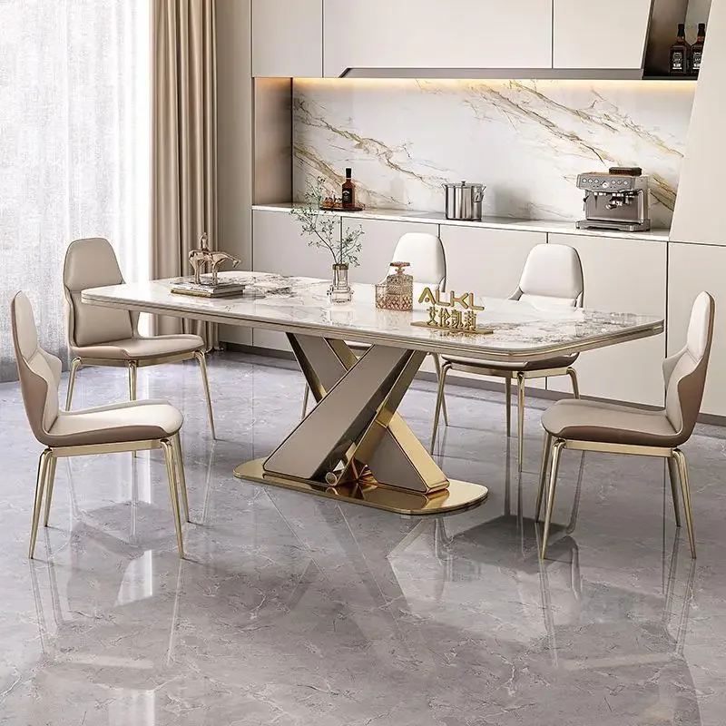 Rock slab dining table and chair combination bright large slab dining table light luxury high-end household