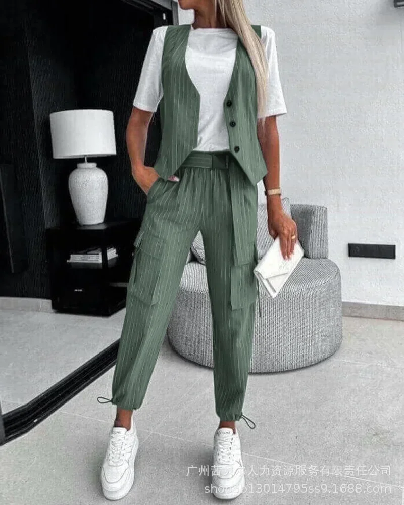 Striped Vest Top & Cuffed Pants Set Women Pant Sets Two Piece Suit Single Breasted V Neck Midi Waist Trousers Suits Pockets