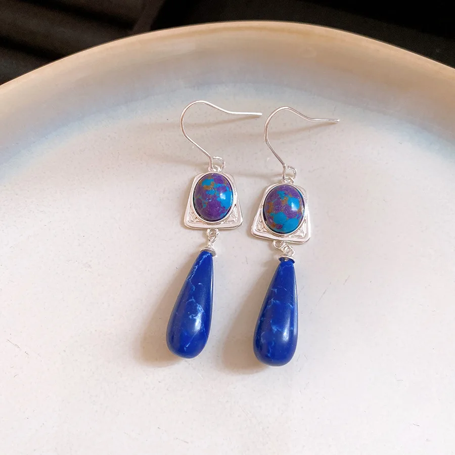 Dark Blue Water Drop Stone Dangle Earrings Women Vintage Irregular Marbled Ear Hooks Creative Fashion Jewelry Gifts Banquet K